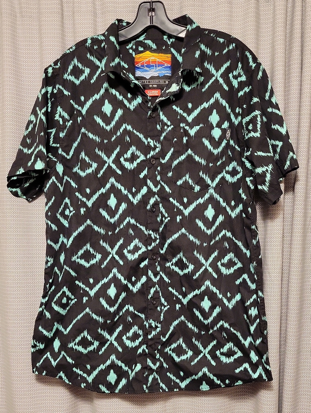 Empyre Black Short-Sleeve Button-Up with Teal Geometric Print